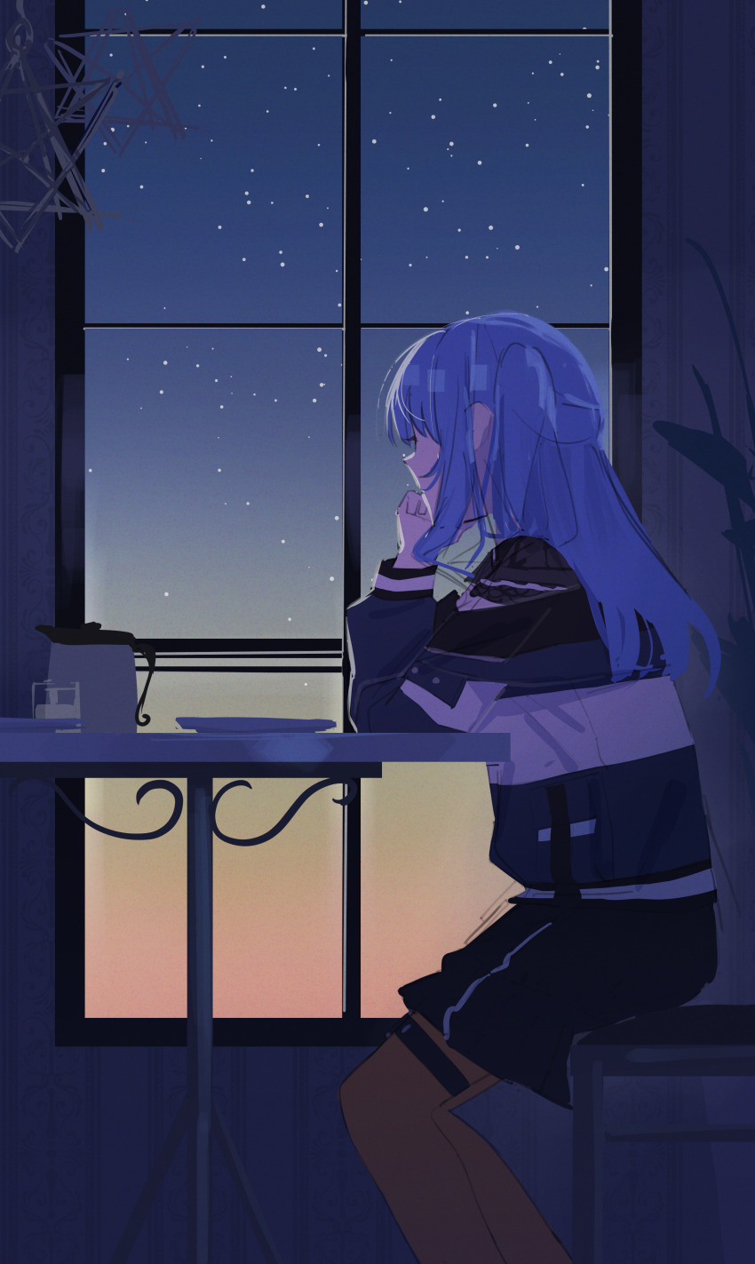 1girl, absurdres, black_shorts, blue_hair, blue_jacket, commentary, cup, highres
