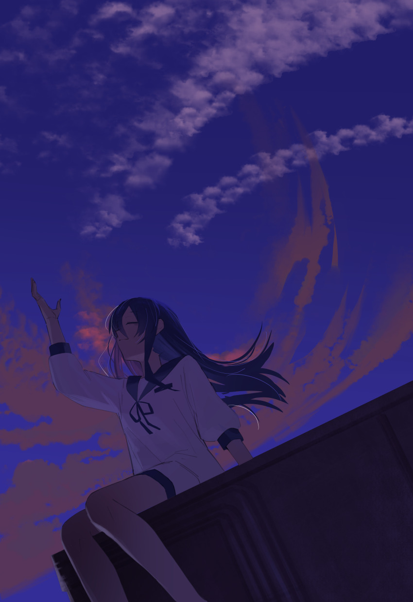 1girl, absurdres, arm_up, asagao_no_chiru_koro_ni_(tuyu), blue_hair, blue_ribbon, blue_sailor_collar, blue_shorts, closed_eyes, closed_mouth, cloud, commentary, floating_hair, highres, long_hair, neck_ribbon, night, ribbon, sailor_collar, shibainu_illust, shirt, shorts, side_ponytail, sidelocks, sitting, sky, solo, tuyu_(band), white_shirt
