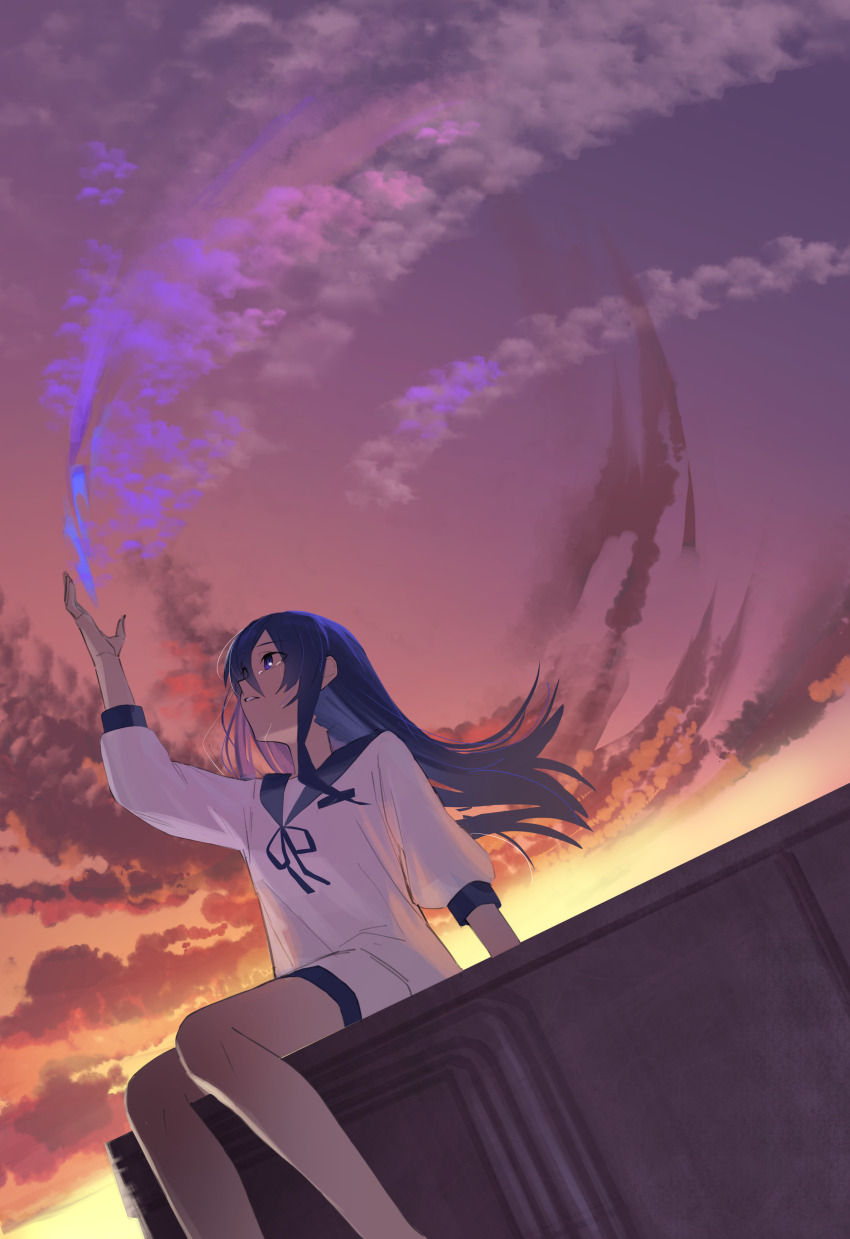 1girl, absurdres, arm_up, asagao_no_chiru_koro_ni_(tuyu), blue_hair, blue_ribbon, blue_sailor_collar, blue_shorts