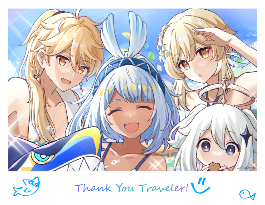 1boy, 3girls, aether_(genshin_impact), aether_(hot_springs)_(genshin_impact), akishiorin, artist_name, bare_shoulders, blonde_hair