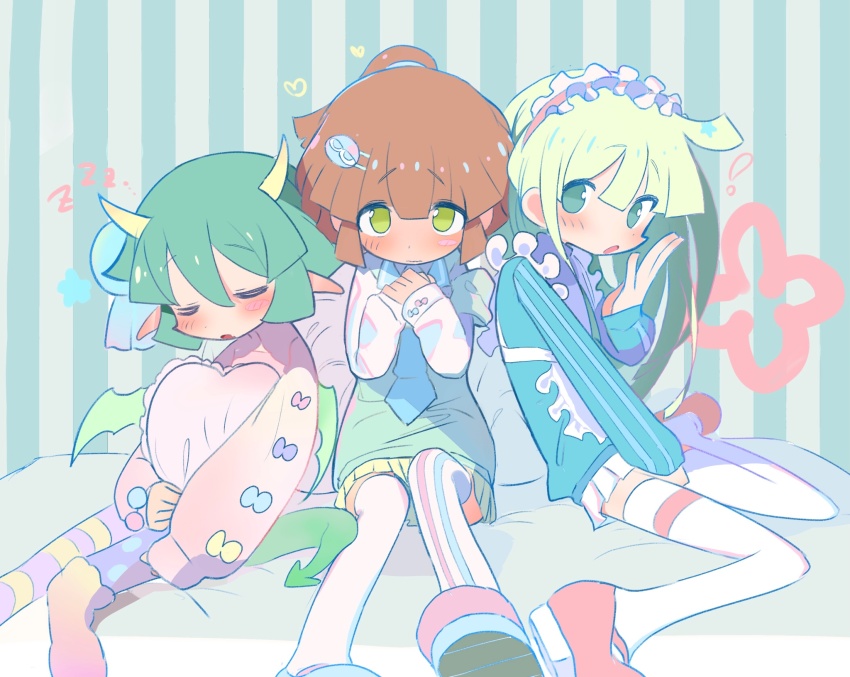 3girls, :o, aqua_sweater, arle_nadja, asymmetrical_legwear, blue_necktie, blunt_bangs, blunt_ends, blush, character_hair_ornament, character_request, closed_eyes, closed_mouth, colored_skin, double-parted_bangs, draco_centauros, draco_centauros_(charmy), dragon_girl, dragon_tail, feet_out_of_frame, furrowed_brow, green_background, green_eyes, green_hair, green_tail, green_wings, hair_ornament, hand_up, hands_up, highres, horizontal-striped_thighhighs, horns, light_brown_hair, long_sleeves, looking_at_viewer, mattress, microskirt, mini_wings, mismatched_legwear, multicolored_thighhighs, multiple_girls, necktie, no_pupils, official_alternate_costume, on_bed, open_mouth, own_hands_together, pillow, pillow_on_lap, pink_sweater, pointy_ears, puyo_(puyopuyo), puyopuyo, puyopuyo_quest, saku_p, shy, side-by-side, sitting, skirt, sleeping, sleeve_bow, striped_background, striped_clothes, striped_thighhighs, sweater, tail, thighhighs, u_u, vertical-striped_clothes, vertical-striped_sleeves, vertical-striped_thighhighs, wavy_mouth, white_skin, white_thighhighs, wings, yellow_horns, yellow_skirt, zzz