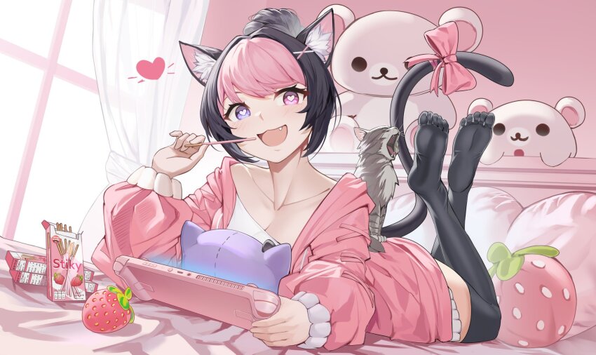 1girl, animal, animal_ear_fluff, animal_ears, animal_on_back, artist_request, black_hair, black_thighhighs