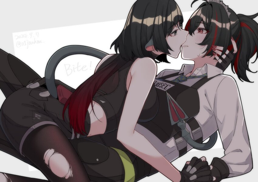 2girls, animal_ears, black_gloves, black_hair, black_pants, black_pantyhose, black_shirt, black_shorts