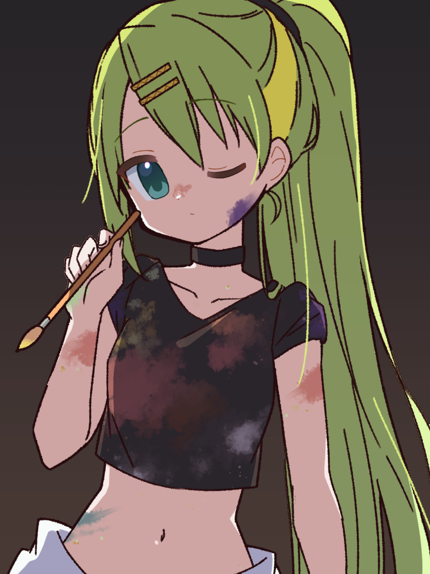 1girl, alina_gray, alina_gray_(atelier_clothes), art_brush, belly, black_choker, black_shirt, choker, collarbone, crop_top, cropped_shirt, green_eyes, green_hair, highres, holding, holding_brush, holding_paintbrush, long_hair, magia_record:_mahou_shoujo_madoka_magica_gaiden, mahou_shoujo_madoka_magica, mahou_shoujo_madoka_magica_(anime), midriff, navel, one_eye_closed, paint, paint_on_body, paint_on_clothes, paint_splatter, paint_splatter_on_face, paint_stains, paintbrush, painting_(action), ruru_(rurumagi), shirt, short_sleeves