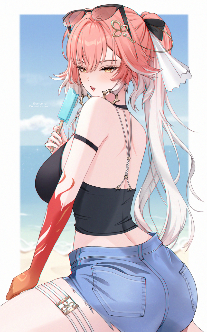 1girl, alternate_costume, armpit_crease, ass, bare_shoulders, black_bow, black_shirt, blue_sky