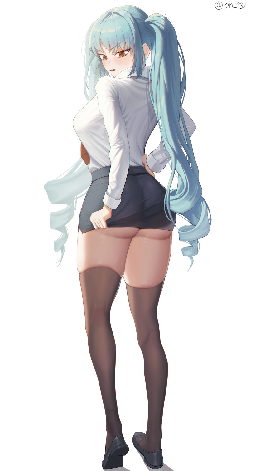 1girl, absurdres, alternate_costume, aqua_hair, ass, ass_peek, black_shoes, black_skirt