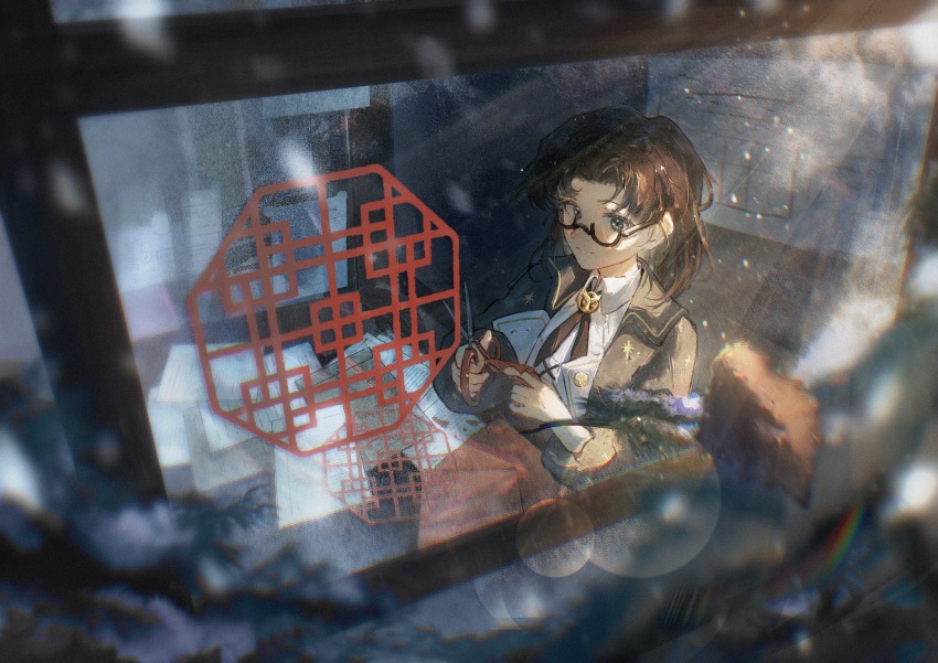 1girl, absurdres, black-framed_eyewear, black_eyes, black_hair, chinese_commentary, chinese_paper-cut, coat