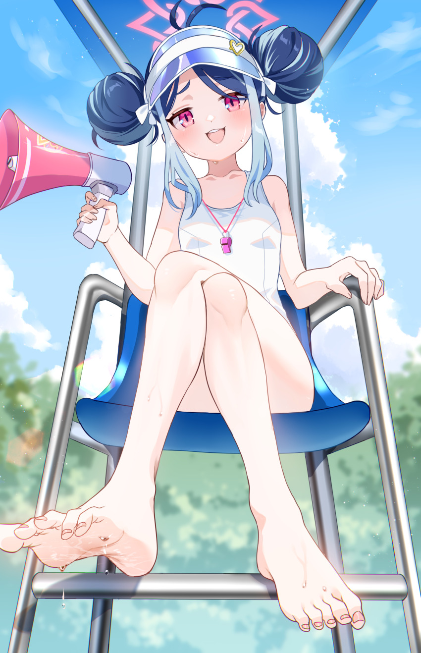 1girl, barefoot, blue_archive, blue_hair, blue_sky, blurry, blush, breasts