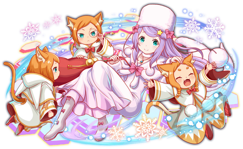2boys, 2girls, amulet, anastasia_hoshin, animal_ear_fluff, animal_ears, anime_coloring, aqua_eyes, artist_request, bag, blush, boots, bow, braid, braided_sidelock, brother_and_sister, capelet, capelet_bow, cat_boy, cat_ears, cat_girl, cat_tail, choker, closed_eyes, closed_mouth, collarbone, crash_fever, dot_nose, dress, eyelashes, fang, floating_hair, footwear_bow, full_body, fur_capelet, fur_collar, fur_hat, fur_sleeve_cuffs, game_cg, hair_ears, hair_ornament, hand_on_another's_head, happy, hat, hat_bow, hat_ornament, heitarou_pearlbaton, holding, holding_bag, hood, hooded_capelet, horizontal-striped_sleeves, jewelry, layered_dress, light_particles, long_hair, long_sidelocks, long_sleeves, looking_at_another, mimi_pearlbaton, mole, mole_under_eye, monocle, multiple_boys, multiple_girls, necklace, official_art, official_style, open_hands, open_mouth, orange_hair, orange_tail, outline, parted_lips, pastel_colors, pendant, pink_bow, pom_pom_(clothes), purple_hair, re:zero_kara_hajimeru_isekai_seikatsu, red_bag, red_bow, red_footwear, red_outline, rimless_eyewear, robe, round_eyewear, short_eyebrows, shoulder_bag, siblings, sidelocks, simple_background, sleeve_cuffs, smile, snowflakes, star_(symbol), star_hair_ornament, striped_sleeves, striped_tail, swept_bangs, tachi-e, tail, teeth, thick_eyebrows, third-party_source, tivey_pearlbaton, transparent_background, twin_braids, two-sided_sleeves, two-tone_tail, upper_teeth_only, ushanka, white_capelet, white_choker, white_dress, white_footwear, white_hat, white_hood, white_pom_poms, white_robe, wide_sleeves, winter_clothes, yellow_trim