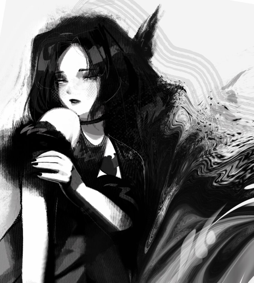 black_dress, black_nails, chest_tattoo, choker, collar, dress, hand_on_own_arm, highres