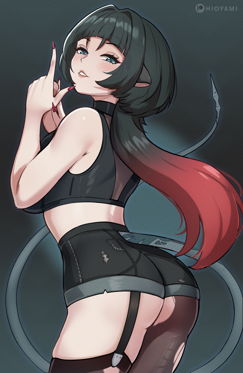 1girl, animal_ears, ass, black_garter_straps, black_hair, black_pantyhose, black_shirt, black_shorts