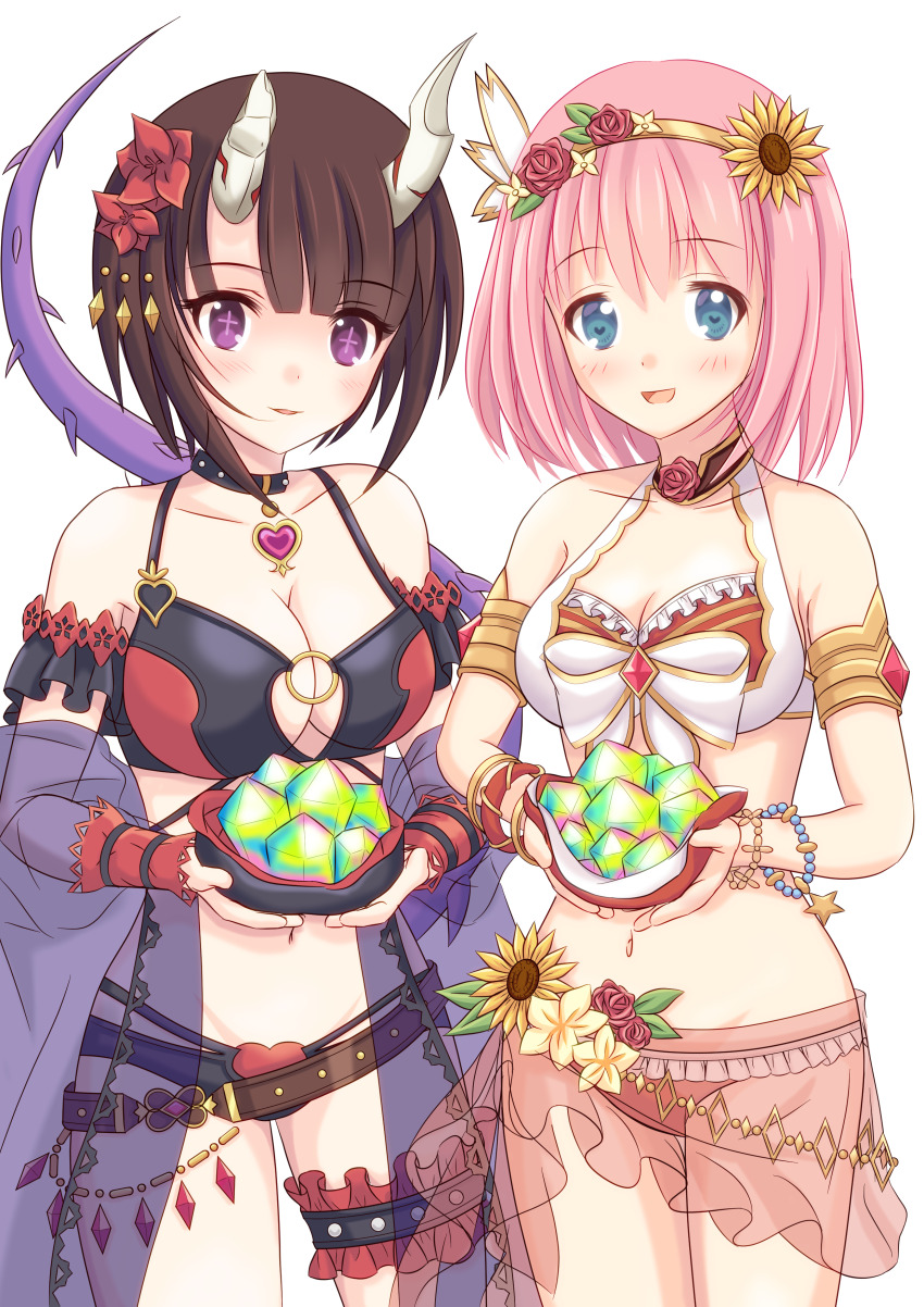 +_+, 2girls, absurdres, armlet, bead_bracelet, beads, bikini, black_bikini, black_choker, black_hair, blue_eyes, bracelet, breasts, broken_horn, choker, cleavage, demon_girl, demon_horns, demon_tail, eriko_(princess_connect!), eriko_(summer)_(princess_connect!), flower, frilled_bikini, frills, gold_bracelet, gold_hairband, hair_flower, hair_ornament, hairband, heart, heart_choker, highres, holding, horns, jewelry, large_breasts, layered_bikini, multi-strapped_bikini_bottom, multicolored_bikini, multiple_girls, nattsu_(nattsu_shiro), navel, o-ring, o-ring_bikini, o-ring_top, open_mouth, pink_hair, princess_connect!, purple_eyes, purple_shawl, purple_tail, red_bikini, sarong, see-through_clothes, see-through_sarong, see-through_shawl, shawl, simple_background, smile, spiked_tail, standing, sunflower, sunflower_hair_ornament, swimsuit, tail, two-tone_bikini, white_background, white_bikini, yui_(princess_connect!), yui_(summer)_(princess_connect!)