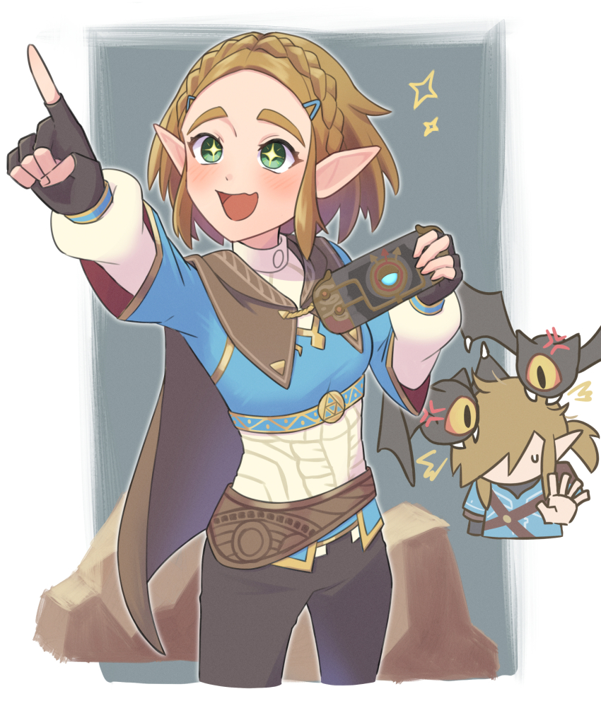 1boy, 1girl, anger_vein, belt, black_cape, black_gloves, black_pants, blonde_hair