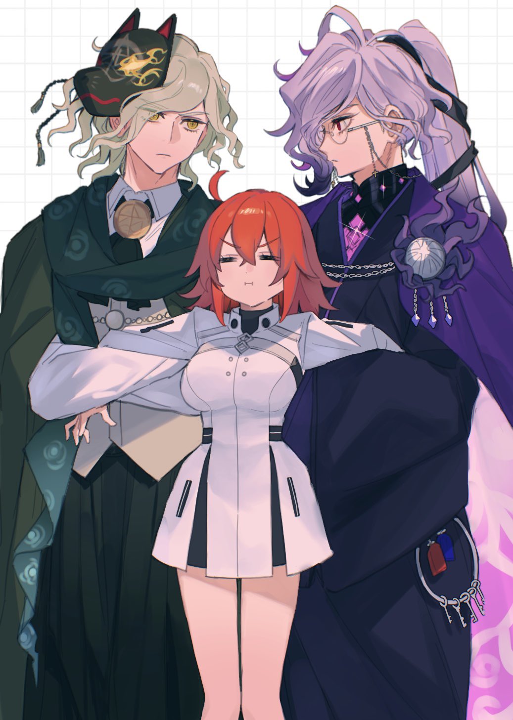 1girl, 2boys, ascot, black_ascot, black_kimono, black_ribbon, chain, closed_eyes, collared_shirt, cowboy_shot, cross-shaped_pupils, dress, edmond_dantes_(fate), edmond_dantes_(kyomaf_2024)_(fate), eyewear_strap, fate/grand_order, fate_(series), fujimaru_ritsuka_(female), fujimaru_ritsuka_(female)_(decisive_battle_chaldea_uniform), glasses, grey_hair, grid_background, hair_ribbon, haori, highres, holding_another's_arm, japanese_clothes, key, keyring, kimono, long_hair, looking_at_another, mask, mask_on_head, medium_hair, multicolored_hair, multiple_boys, orange_hair, ponytail, pout, purple_hair, red_eyes, ribbon, shirt, symbol-shaped_pupils, the_count_of_monte_cristo_(fate), the_count_of_monte_cristo_(exhibition_attire)_(fate), two-tone_hair, uxco0, vest, white_dress, white_shirt, yellow_eyes
