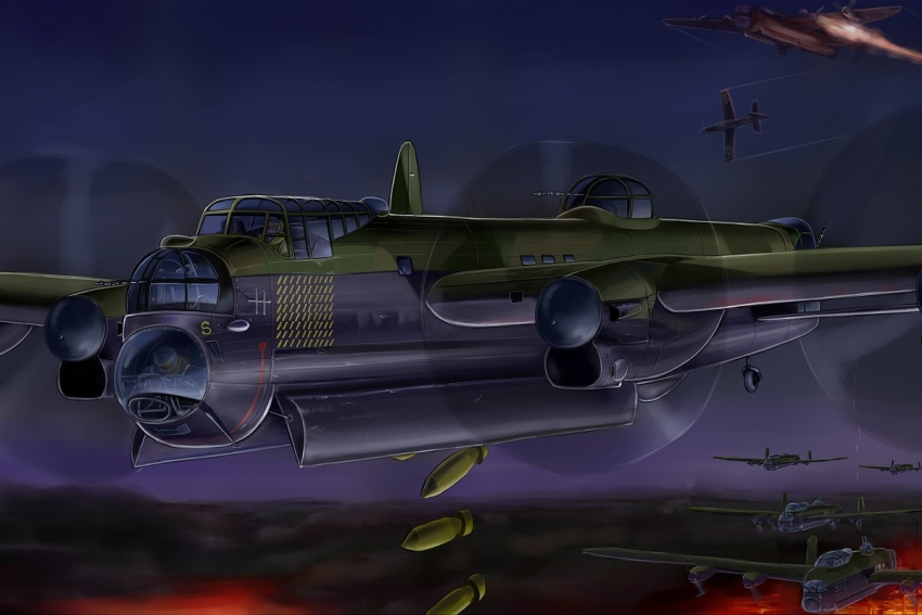 2boys, aircraft, airplane, avro_lancaster, bf_109, bomb, bomber, explosive