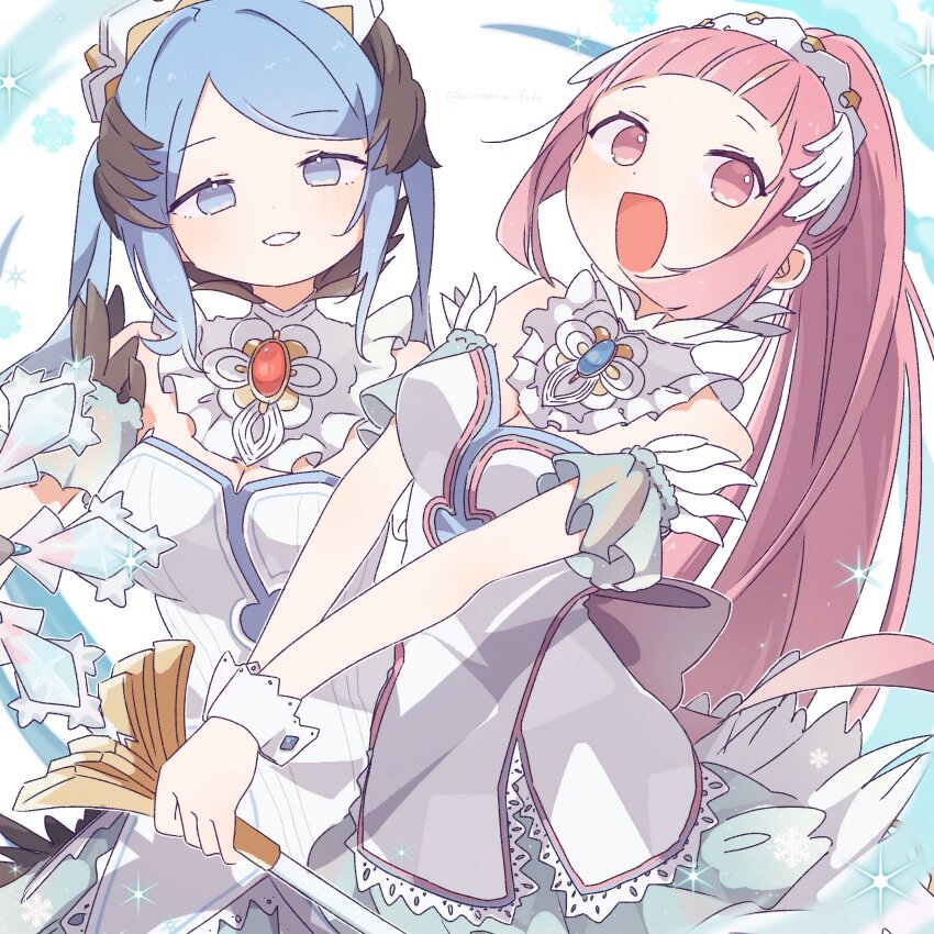 2girls, absurdres, aqua_eyes, blue_hair, breasts, cleavage, dress, feather_trim