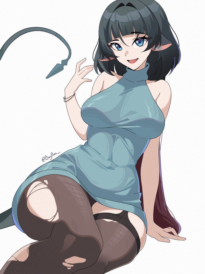 1girl, animal_ears, baybell, black_hair, blue_eyes, blunt_bangs, breasts, green_eyes