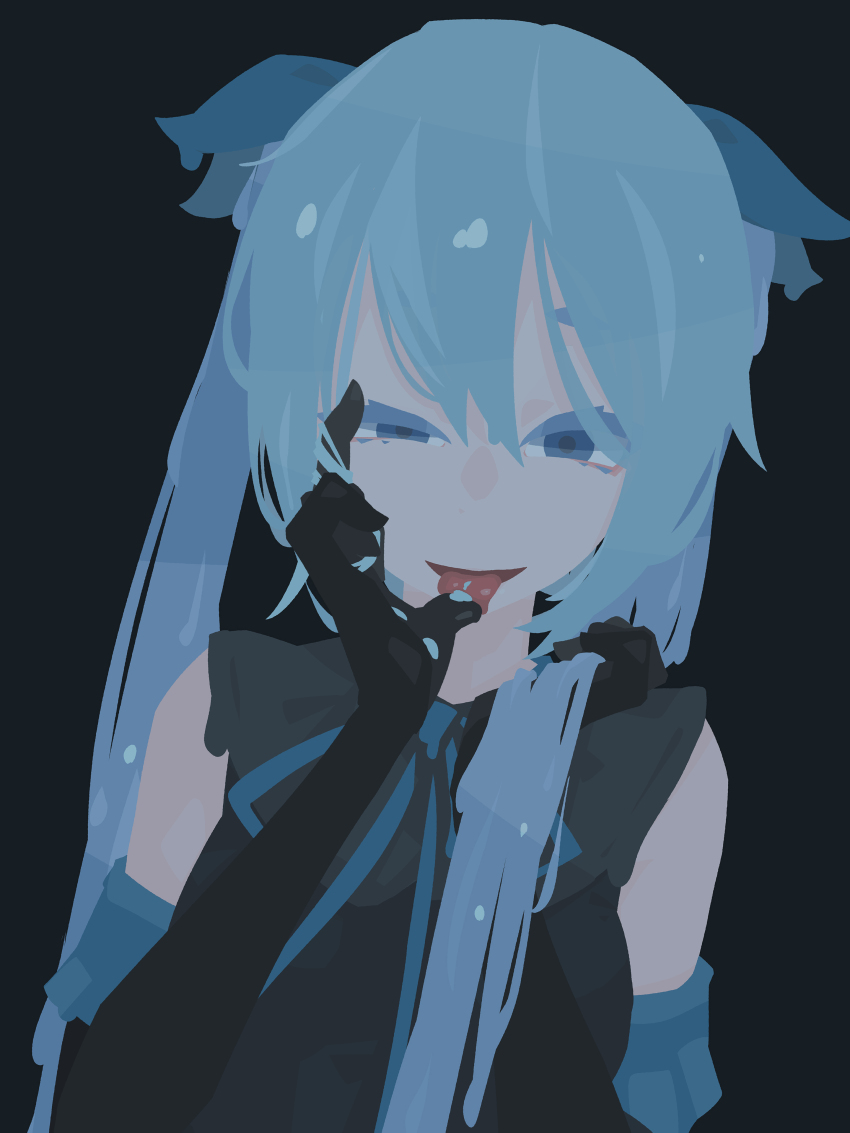 1girl, absurdres, black_dress, black_gloves, blue_eyes, blue_hair, blue_ribbon, commentary_request