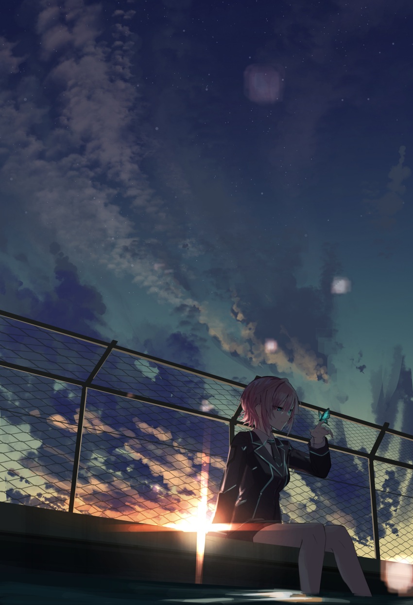 1girl, absurdres, black_jacket, black_necktie, blazer, blue_eyes, bug, butterfly