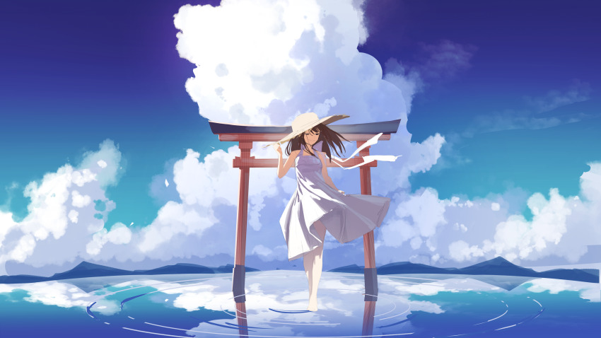 1girl, absurdres, brown_hair, brown_hat, cloud, commentary, dated_commentary, dress