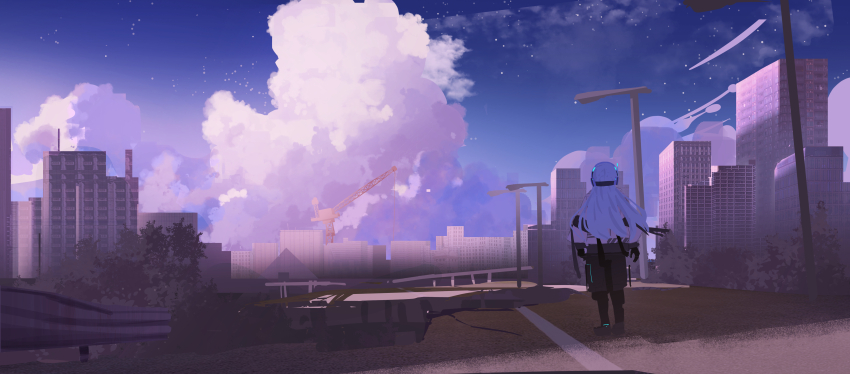 1girl, absurdres, blue_hair, building, cloud, commentary_request, crane_(machine), cumulonimbus_cloud