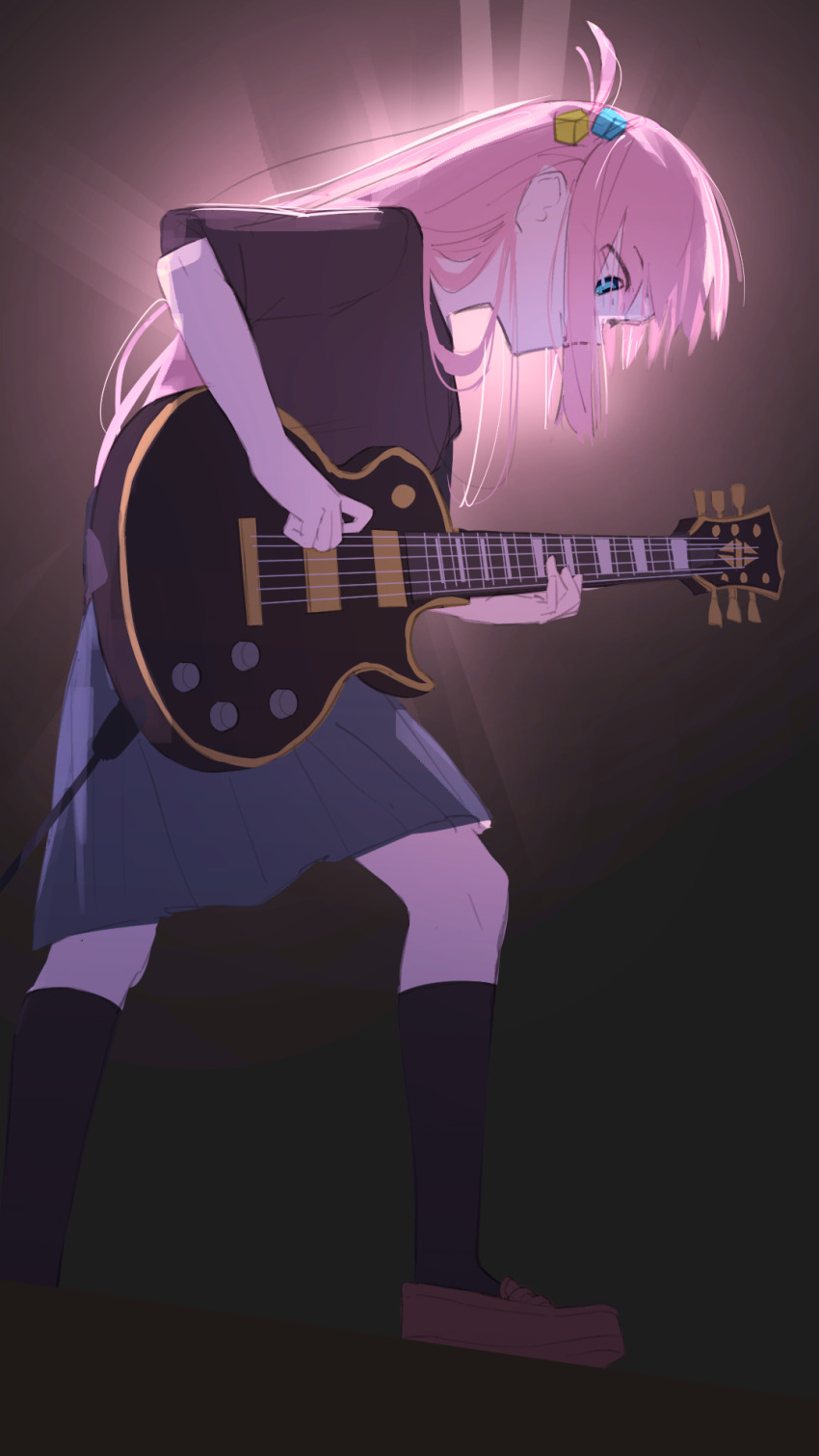 1girl, black_shirt, black_socks, blue_eyes, bocchi_the_rock!, brown_shoes, commentary_request, cube_hair_ornament