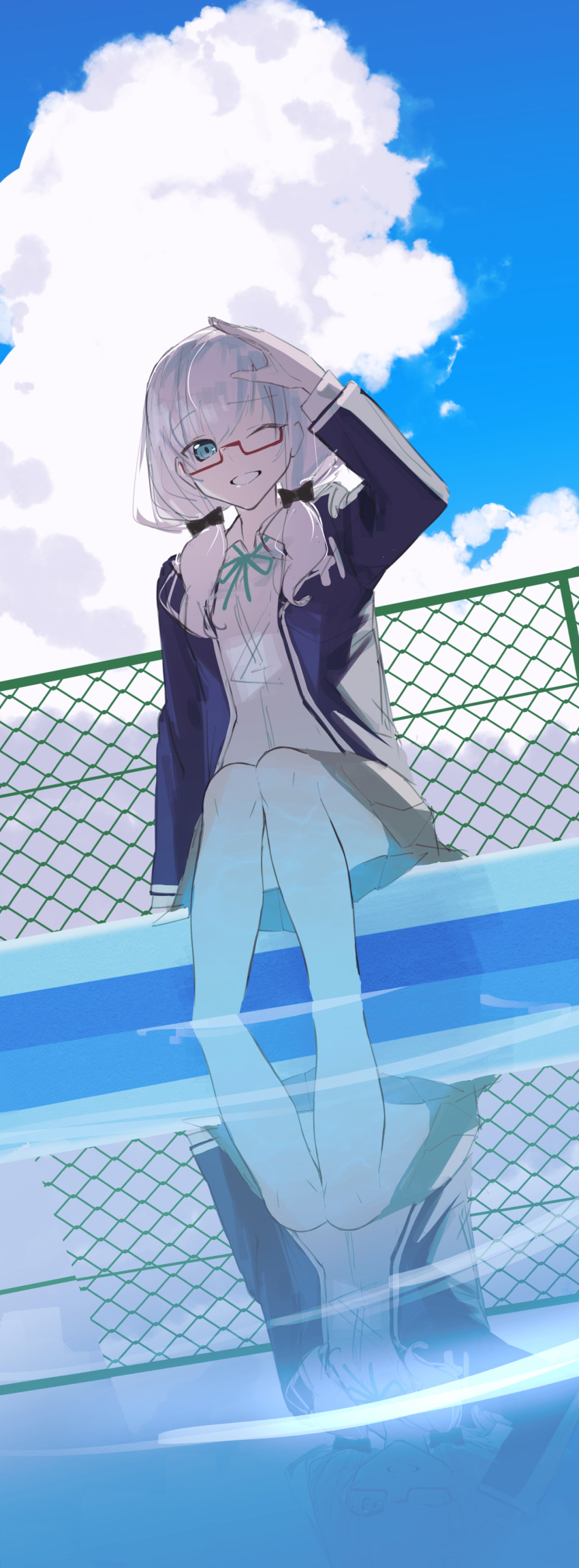 1girl, absurdres, aqua_eyes, aqua_ribbon, ars_almal, ars_almal_(4th_costume), black_bow, blue_cardigan