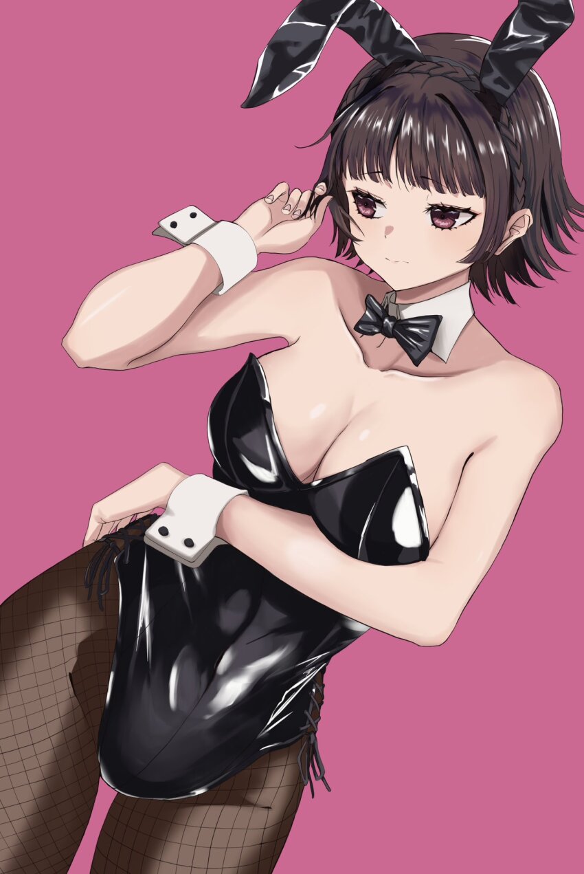1girl, alternate_costume, animal_ears, arm_under_breasts, bare_shoulders, black_leotard, bow, bow_choker