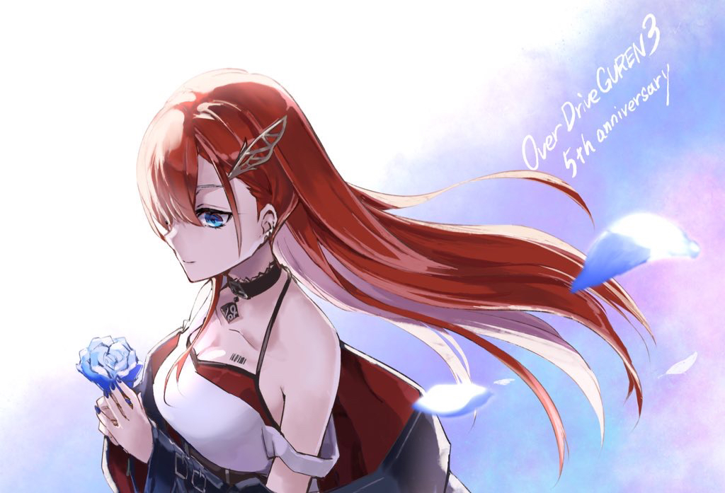 1girl, barcode, barcode_tattoo, blue_eyes, blue_flower, blue_rose, choker, dress