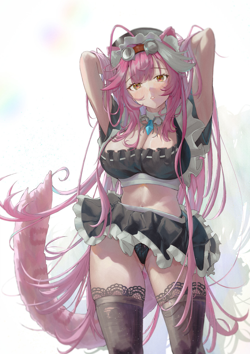 1girl, absurdres, animal_ear_fluff, animal_ears, arms_up, beret, black_panties, black_skirt