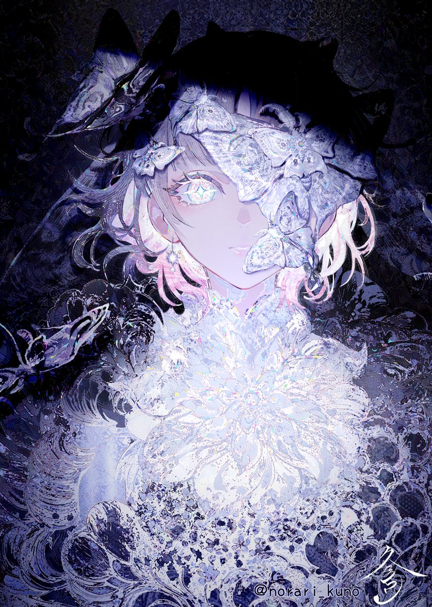 +_+, 1girl, bug, butterfly, butterfly_on_head, flower, grey_hair, insect, looking_at_viewer, moth, moth_on_face, norari_kuno, one_eye_covered, original, parted_lips, short_hair, solo, straight-on, symbol-shaped_pupils, twitter_username, upper_body, watermark, white_eyes, white_flower