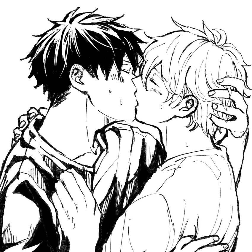 2boys, blush, closed_eyes, collarbone, given, greyscale, hand_on_another's_head, highres
