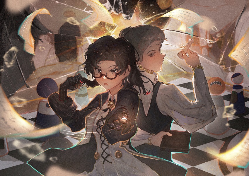 2girls, :o, absurdres, back-to-back, black-framed_eyewear, black_coat, black_eyes, black_gloves