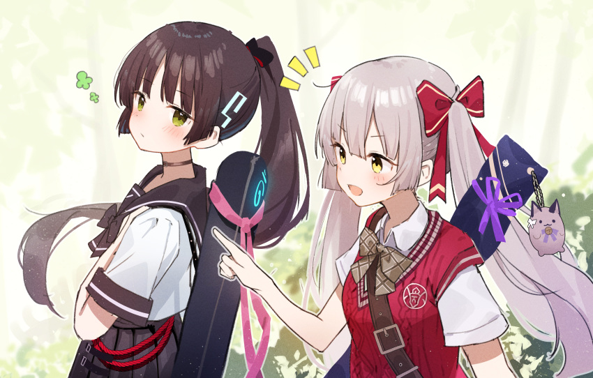 2girls, absurdres, black_hair, black_sailor_collar, green_eyes, heaven_burns_red, highres, long_hair, multiple_girls, natsume_inori, natsume_inori_(lapis_lazuli_adolescence), ogasahara_hisame, ogasahara_hisame_(garnet_dusklight), outdoors, pointing, ponytail, red_sweater_vest, ribbon, rinki_oohen, sailor_collar, school_uniform, serafuku, skirt, sweater_vest, twintails, white_hair, yellow_eyes