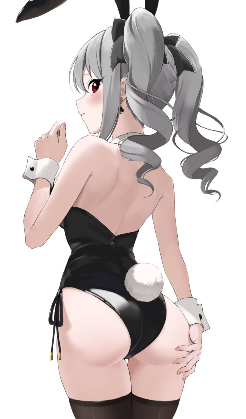 1girl, animal_ears, ass, backless_leotard, black_leotard, black_thighhighs, blush, detached_collar, drill_hair, fake_animal_ears, fake_tail, grabbing_own_ass, grey_hair, hair_ribbon, highleg, highleg_leotard, highres, idolmaster, idolmaster_cinderella_girls, kanzaki_ranko, kono_(116), leotard, long_hair, looking_back, playboy_bunny, rabbit_ears, rabbit_tail, red_eyes, ribbon, solo, strapless, strapless_leotard, tail, thighhighs, thighs, twin_drills, wrist_cuffs