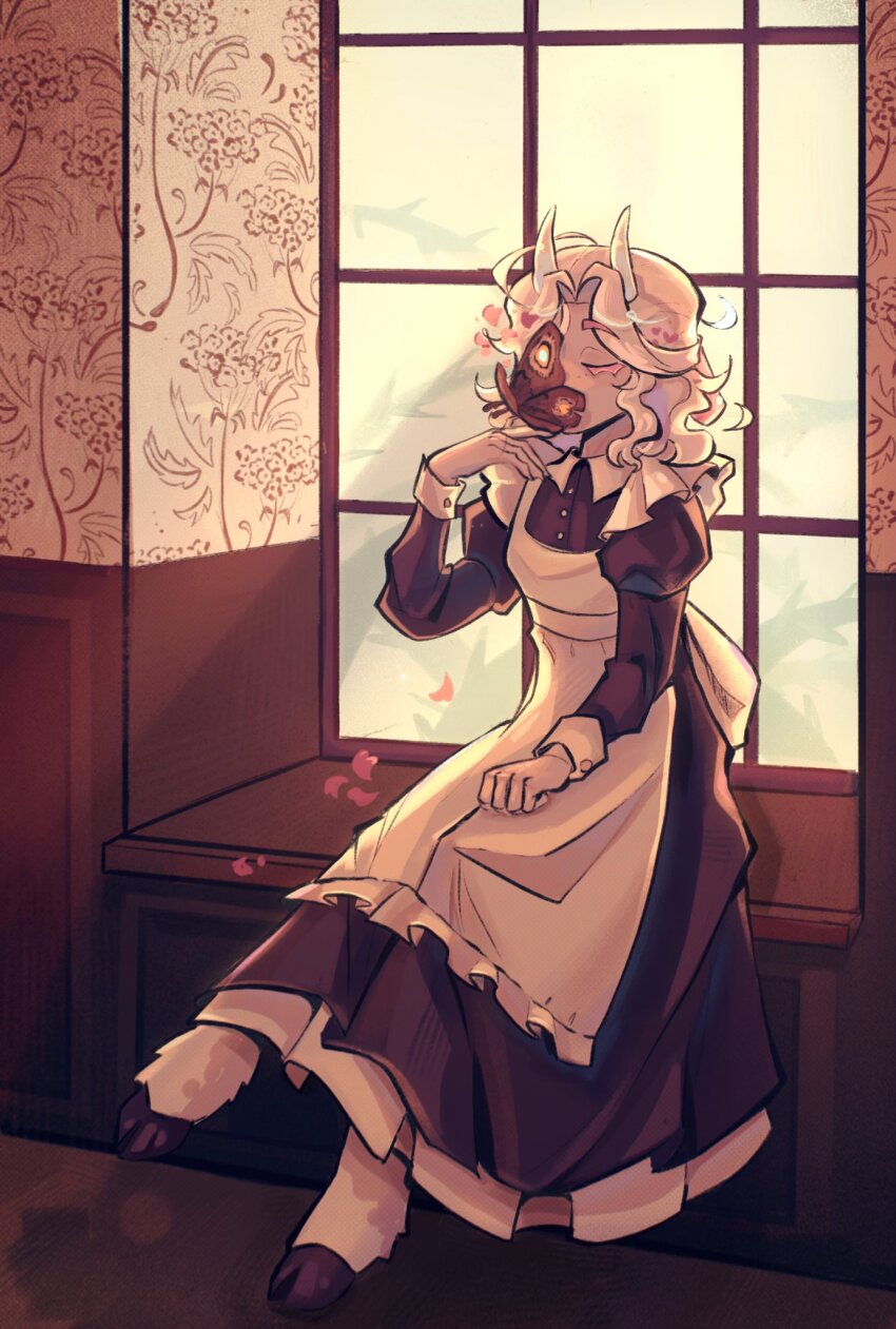 1girl, apron, bug, closed_eyes, colored_skin, commentary, crossed_legs, dress, english_commentary, ghostprince, highres, hooves, horns, indoors, insect, ivorycello, juliet_sleeves, long_dress, long_hair, long_sleeves, maid, maid_apron, minecraft_youtube, monster_girl, moth, puffy_sleeves, sitting, solo, white_hair, white_skin, whitepine, window
