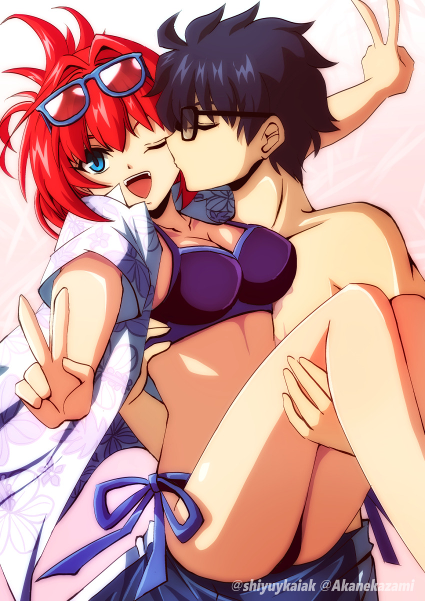 1boy, 1girl, ;d, akane_kazami, aozaki_aoko, artist_name, bikini, black_hair