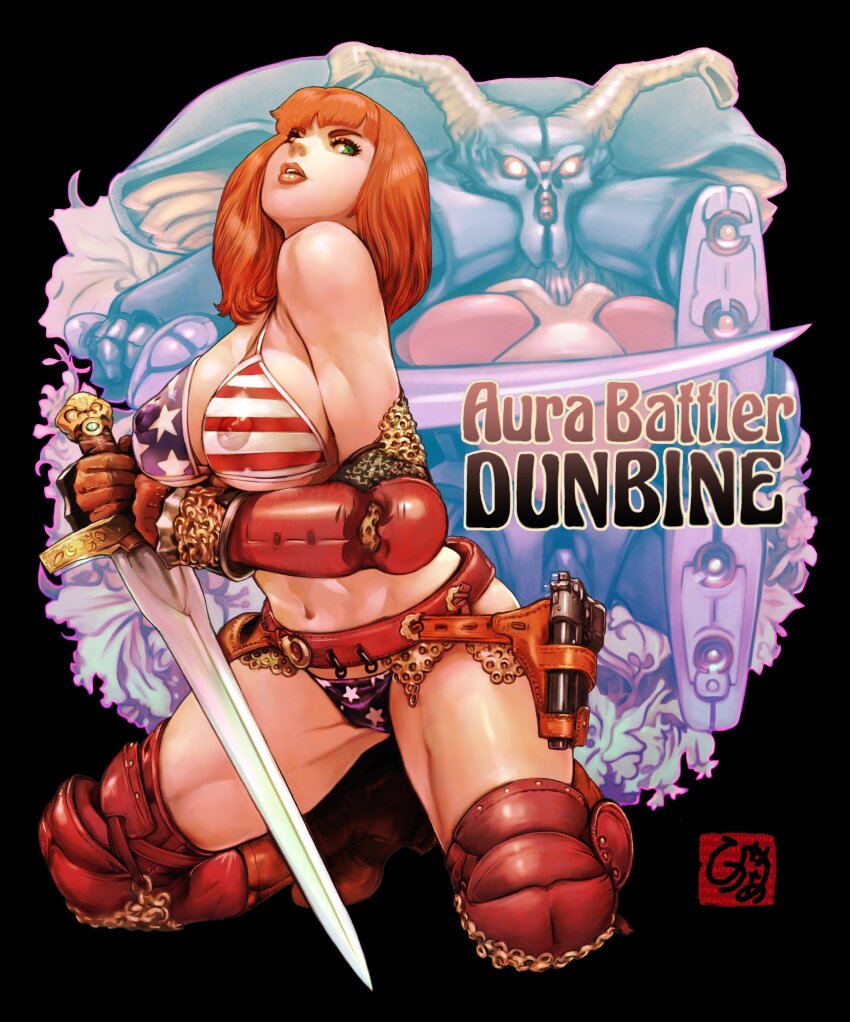 absurdres, american_flag, american_flag_bikini, american_flag_print, bikini, bra, drumlo, dunbine, flag_print, flag_print_bikini, gun, highres, holster, marvel_frozen, print_bikini, seisenshi_dunbine, swimsuit, sword, underwear, weapon