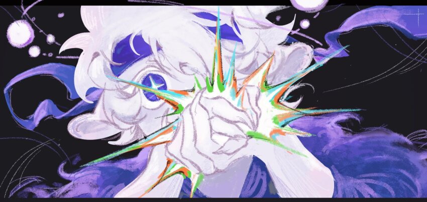 1boy, animal_ears, claws, colored_skin, commentary, hands_up, hashtag-only_commentary, headband, hood, hoodie, kastewa777, lifesteal_smp, looking_at_viewer, male_focus, minecraft_youtube, monster_boy, planetlord, purple_eyes, purple_headband, purple_hoodie, short_hair, solo, star-shaped_pupils, star_(symbol), symbol-shaped_pupils, upper_body, white_hair, white_skin