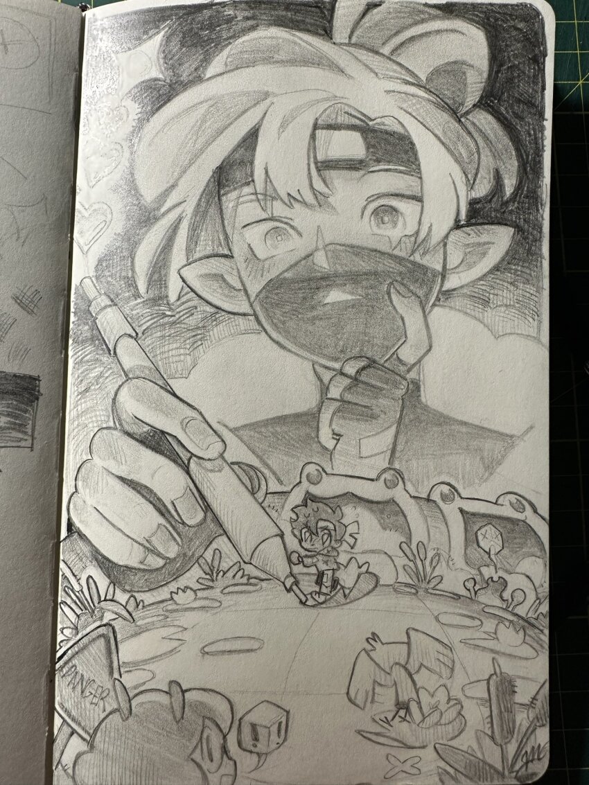 1girl, 4boys, alienssstufff, bdoubleo100, character_request, check_character, commentary, english_commentary, ethoslab, frogger, geminitay, graphite_(medium), greyscale, grian_(youtuber), hair_bun, headband, heart, hermitcraft, highres, holding, holding_stylus, lily_pad, male_focus, mask, minecraft_youtube, mini_person, miniboy, minigirl, monochrome, mouth_mask, multiple_boys, photo_(medium), pointy_ears, short_hair, single_hair_bun, sketch, stylus, tangotek, traditional_media