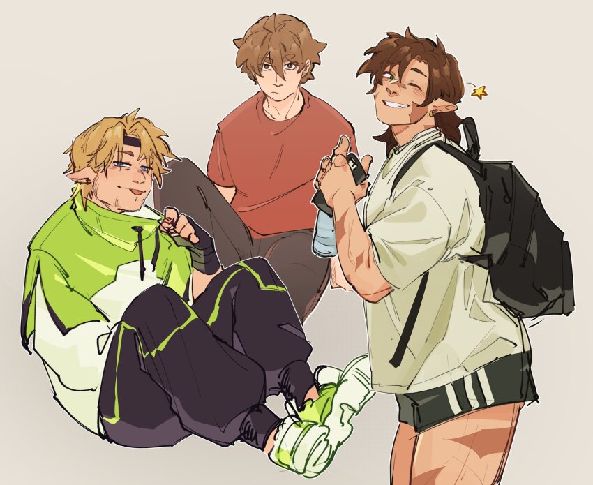 3boys, adapted_costume, alternate_costume, backpack, bag, black_headband, black_pants, blonde_hair