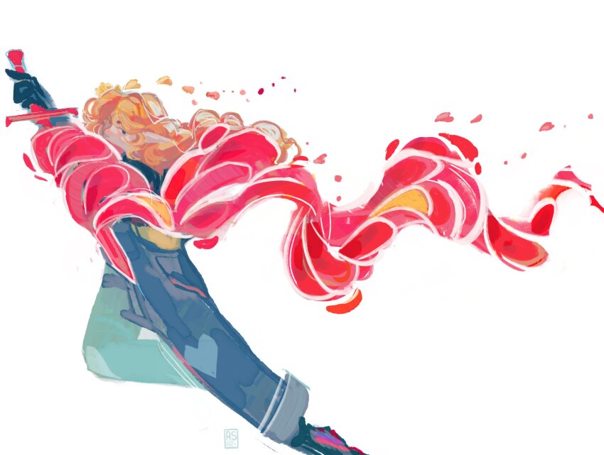 1girl, abstract, applestruda, blue_overalls, commentary, curly_hair, english_commentary, from_side, full_body, geminitay, green_eyes, highres, holding, holding_sword, holding_weapon, long_hair, looking_at_viewer, minecraft_youtube, orange_hair, overalls, painterly, pointy_ears, secret_life_smp, simple_background, solo, sword, traffic_life_series, very_long_hair, weapon, white_background