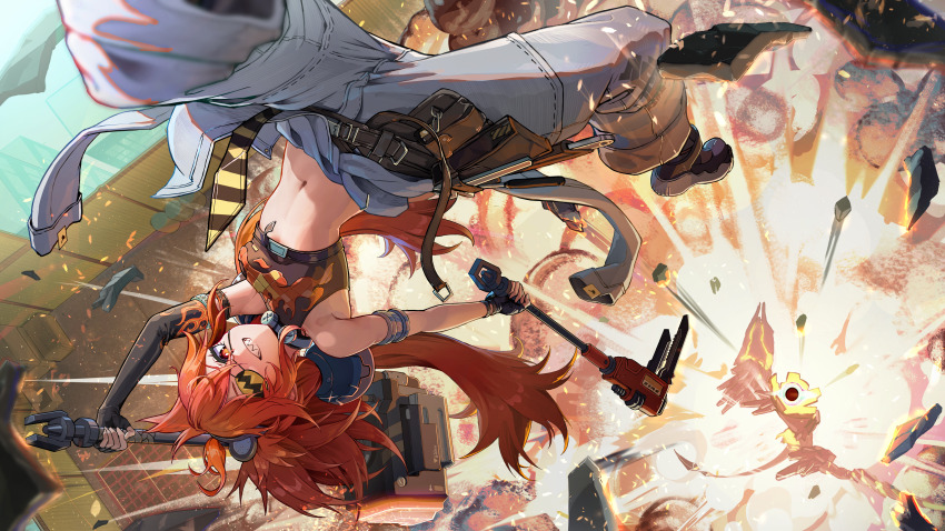 1girl, absurdres, adjustable_wrench, ahoge, animal_ears, asymmetrical_gloves, badman6050, baggy_pants