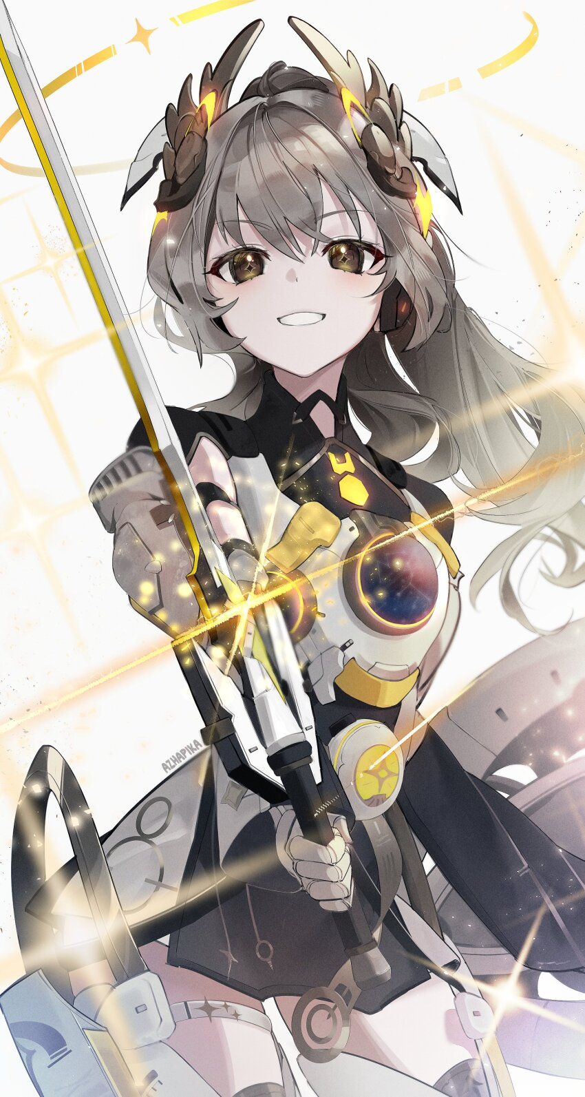 absurdres, armor, grey_eyes, grey_hair, grin, halo, headgear, highres