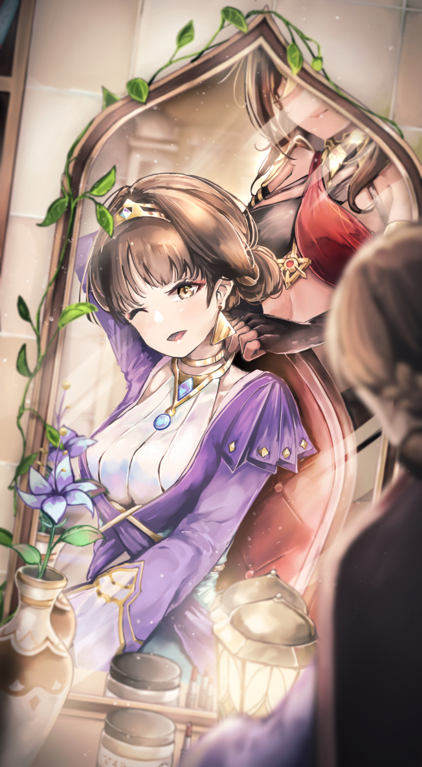 2girls, arm_behind_head, arm_up, bandeau, black_bandeau, black_gloves, breasts, brown_hair