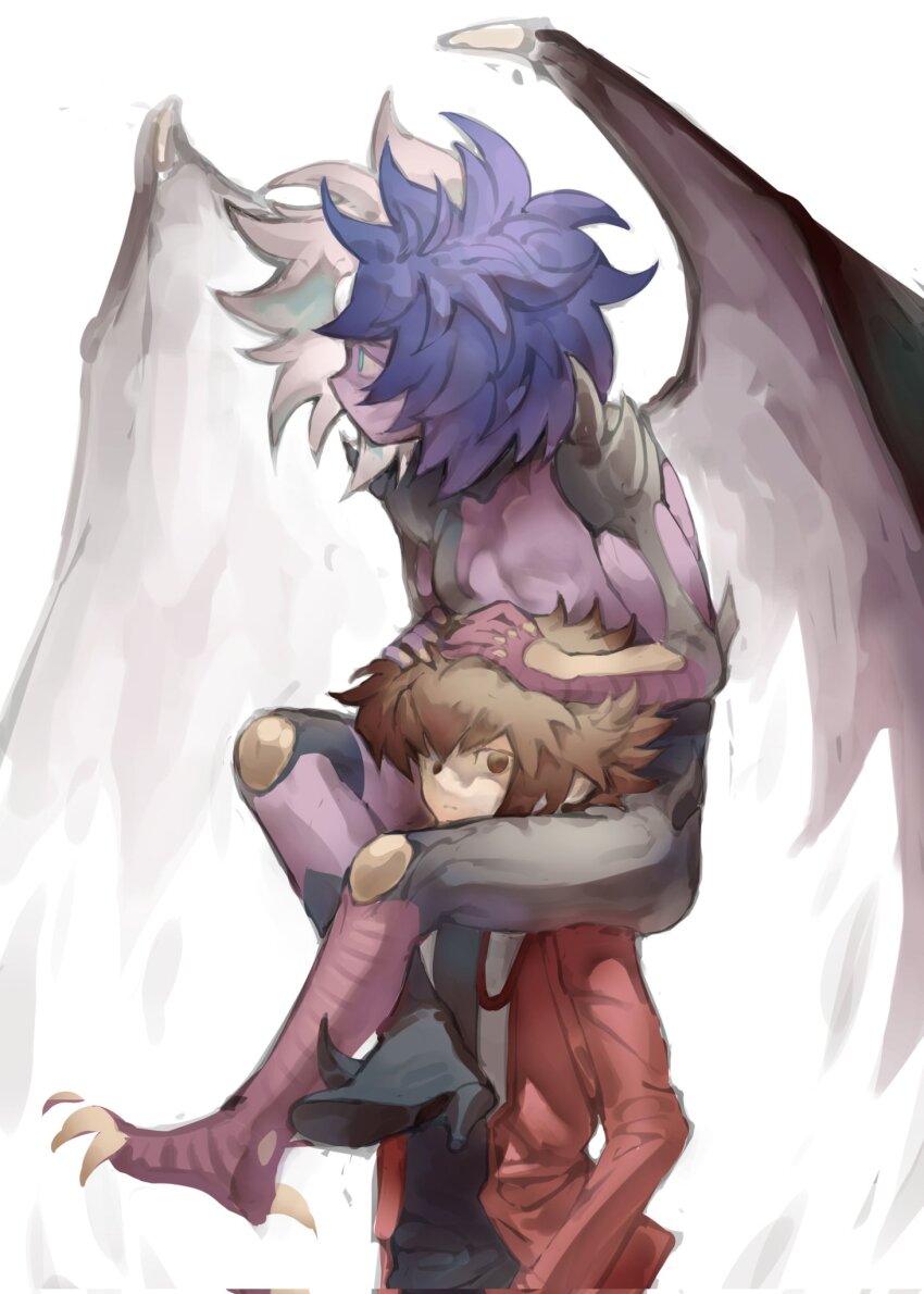 1boy, 1other, affectionate, black_shirt, breasts, brown_eyes, demon, demon_wings