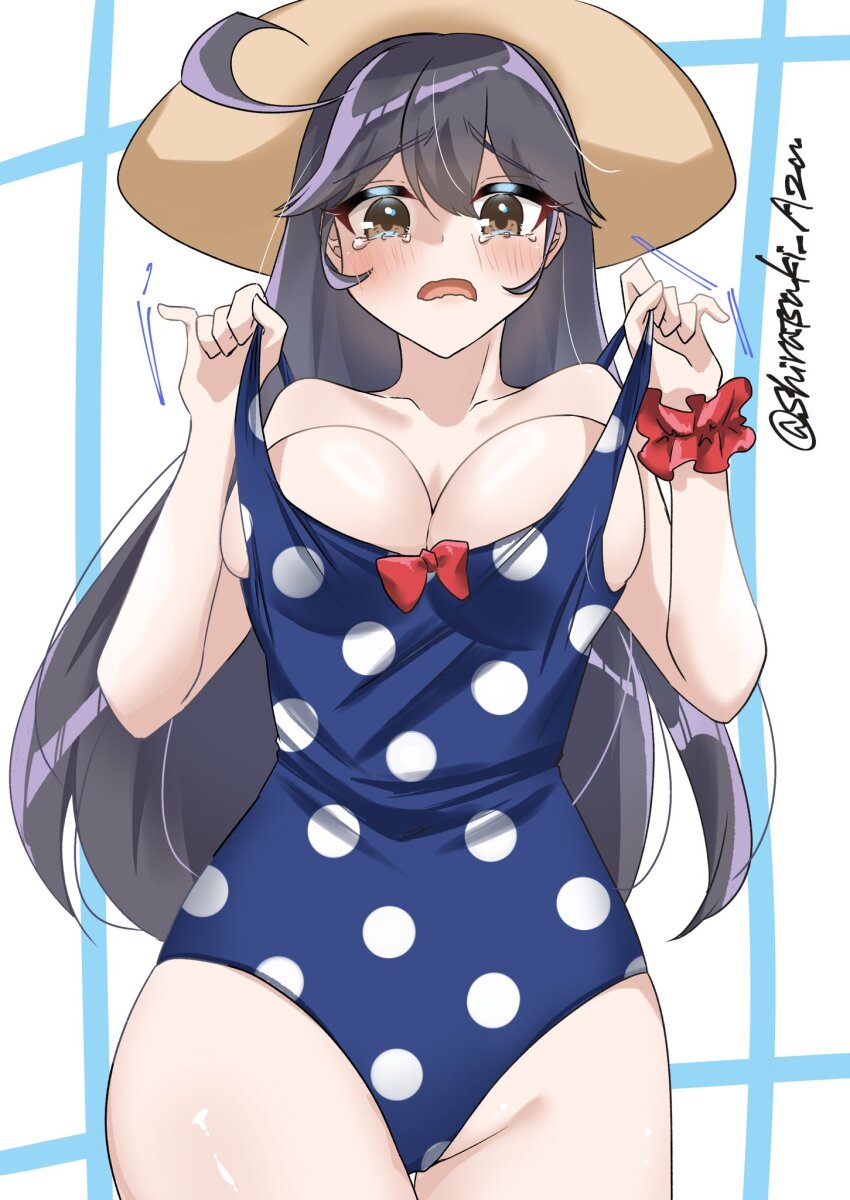 1girl, adjusting_clothes, adjusting_swimsuit, ahoge, black_hair, blue_one-piece_swimsuit, blush, breasts