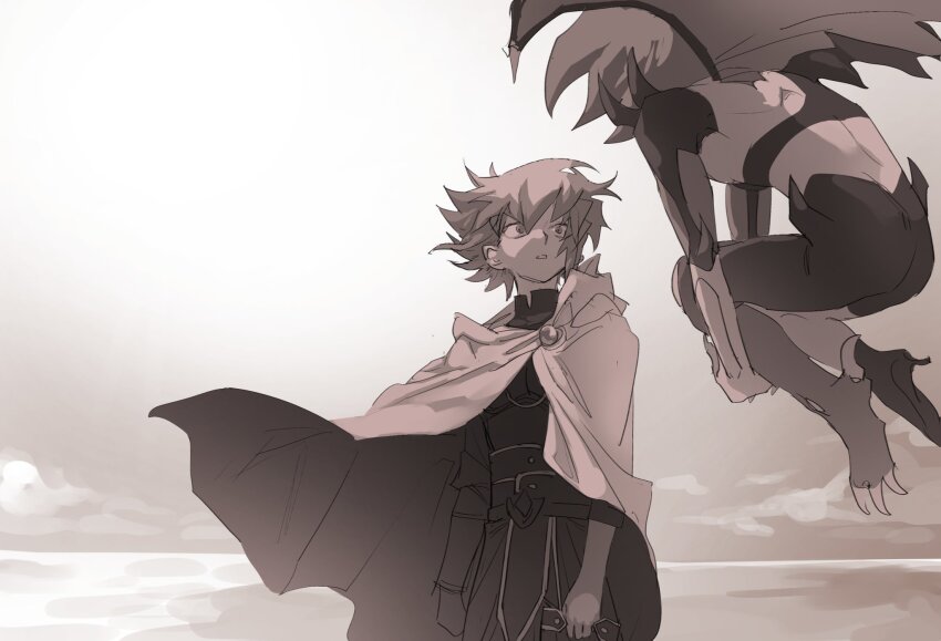 1boy, 1other, cloak, cowboy_shot, demon, demon_wings, duel_monster, floating_hair
