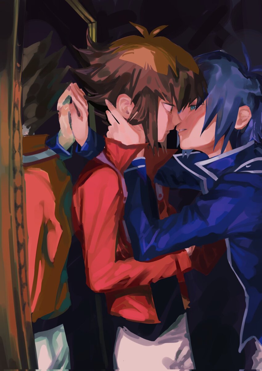 2boys, aged_down, black_shirt, brown_eyes, cowboy_shot, duel_academy_uniform_(yu-gi-oh!_gx), eye_contact, from_side, hair_between_eyes, half-closed_eyes, highres, jacket, kabedon, long_sleeves, looking_at_another, male_focus, mirror, multicolored_hair, multiple_boys, profile, red_jacket, shirt, short_hair, standing, symbolism, tawashipurin, two-tone_hair, yaoi, yu-gi-oh!, yu-gi-oh!_gx, yubel, yubel_(human), yuki_judai