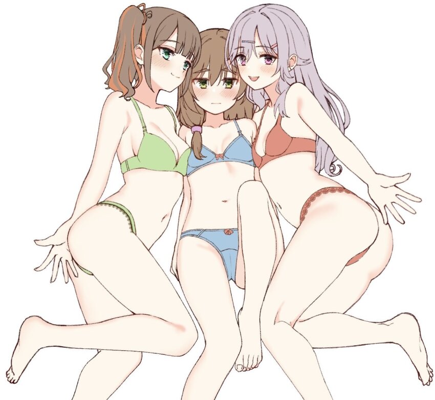 3girls, :d, :|, ass, bare_legs, bare_shoulders, barefoot, blue_bra, blue_panties, blunt_bangs, blush, bra, breast_press, breasts, brown_hair, cameltoe, center-flap_bangs, cleavage, closed_mouth, commentary_request, expressionless, eyes_visible_through_hair, foot_out_of_frame, green_bra, green_eyes, green_panties, grey_hair, gyaru, hair_between_eyes, hair_intakes, hair_ornament, hairclip, happy, high_side_ponytail, highres, jitome, kinoshita_kaede, knee_up, lace, lace-trimmed_panties, lace_trim, long_hair, looking_at_viewer, lying, medium_breasts, mikuni_sairi, multicolored_hair, multiple_girls, navel, on_back, on_side, open_mouth, orange_hair, outstretched_arm, outstretched_hand, panties, pink_eyes, red_bra, red_panties, shiraishi_chika, side_ponytail, simple_background, small_breasts, smile, soles, split_mouth, symmetrical_docking, tenshi_souzou_re-boot!, tft_(tft7822), thick_eyebrows, thighs, toes, tsurime, two-tone_hair, underwear, underwear_only, white_background